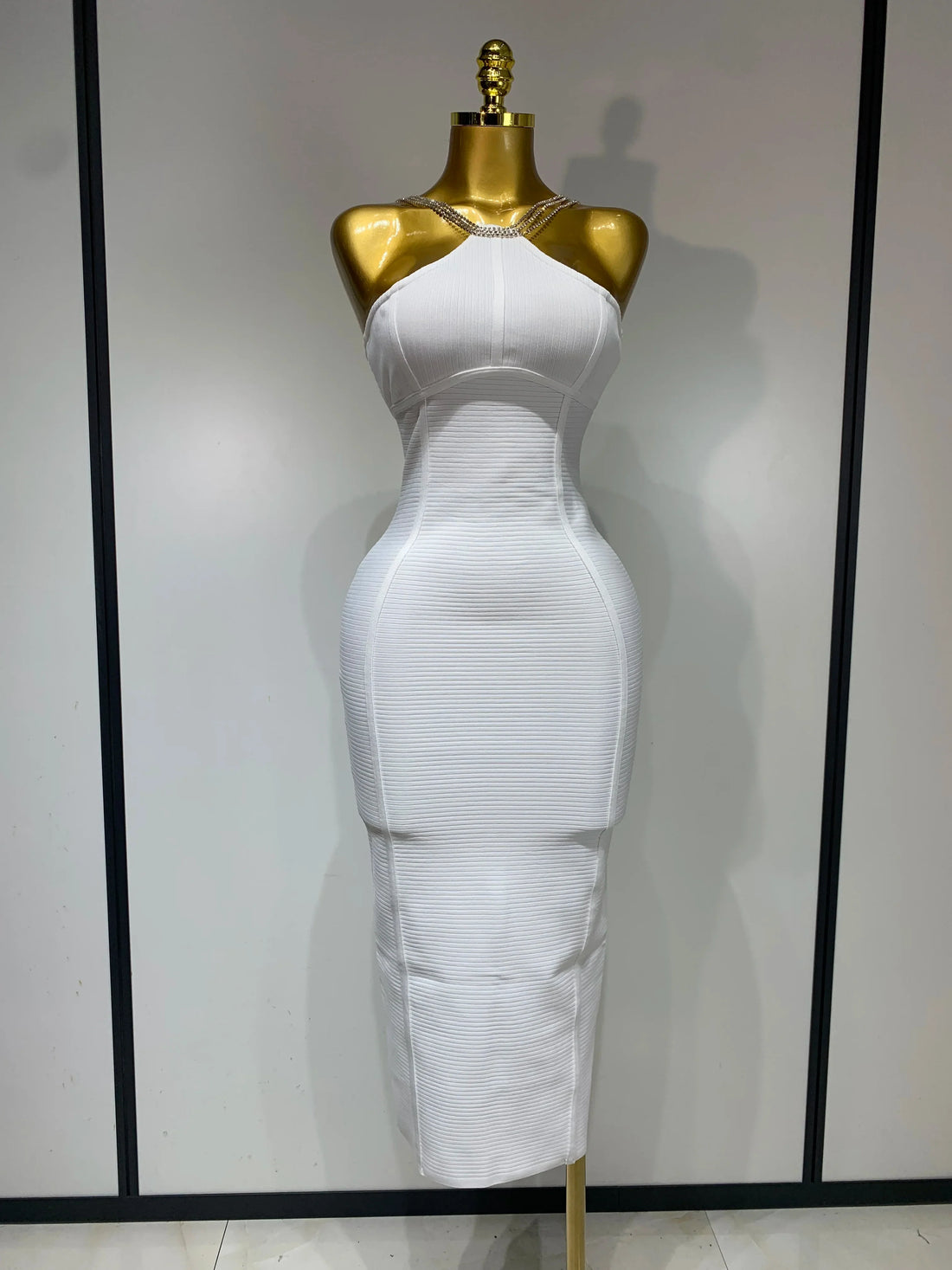 Sexy Sling Backless Crystal Diamonds Chain Bodycon Bandage Dress White Elegant Evening Club Luxury Birthday Party Dresses WHITE