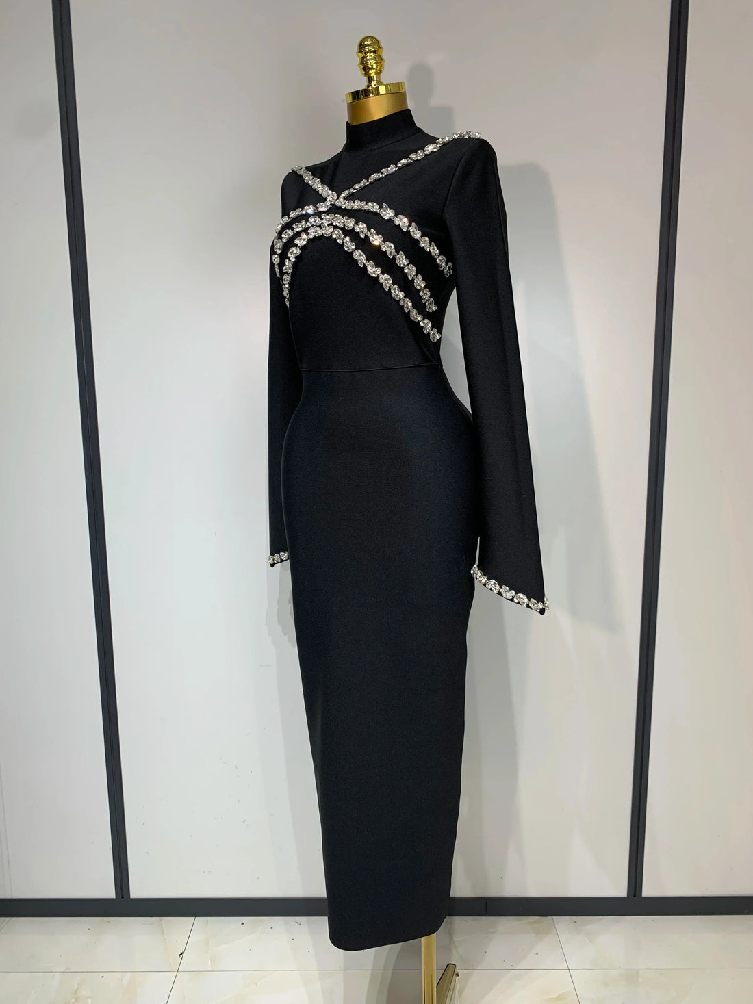 Women Long Sleeve Shinning Crystal Bodycon Long Bandage Dress Celebirty Elegant Evening Party Luxury Birthday Dress black
