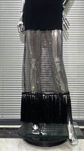 Shining Diamond See Through Mesh Tassels Black Bandage Ankle Length Dress Fashion Woman Party Dress Birthday Party Outfit