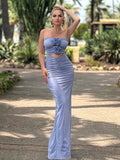 Summer New Light Purple Strapless Flower Bloom Midi Dress Sexy Spicy Girl Style Hollow Out Ruched Dress for Women