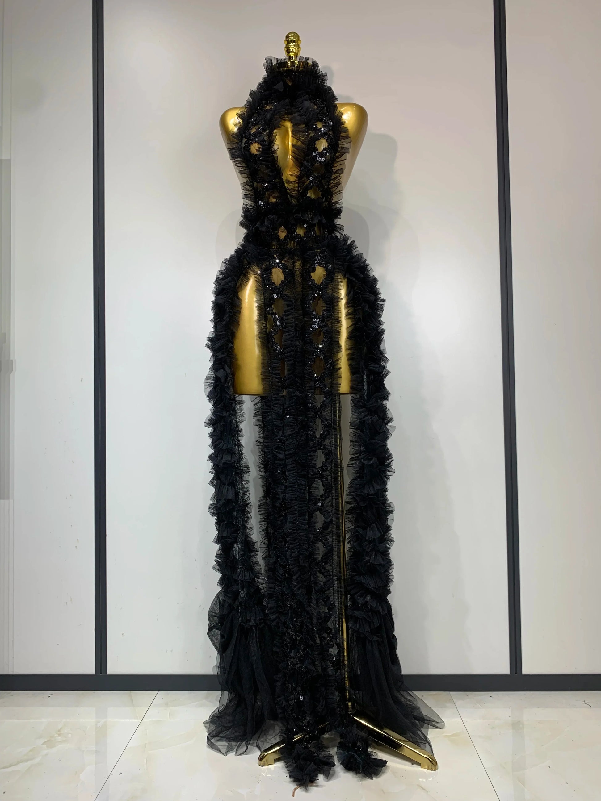 Black Mesh Sequins Sexy Halter See Through Dress Evening Party Prom Nightclub Singer Performance Costume Stage Wear black