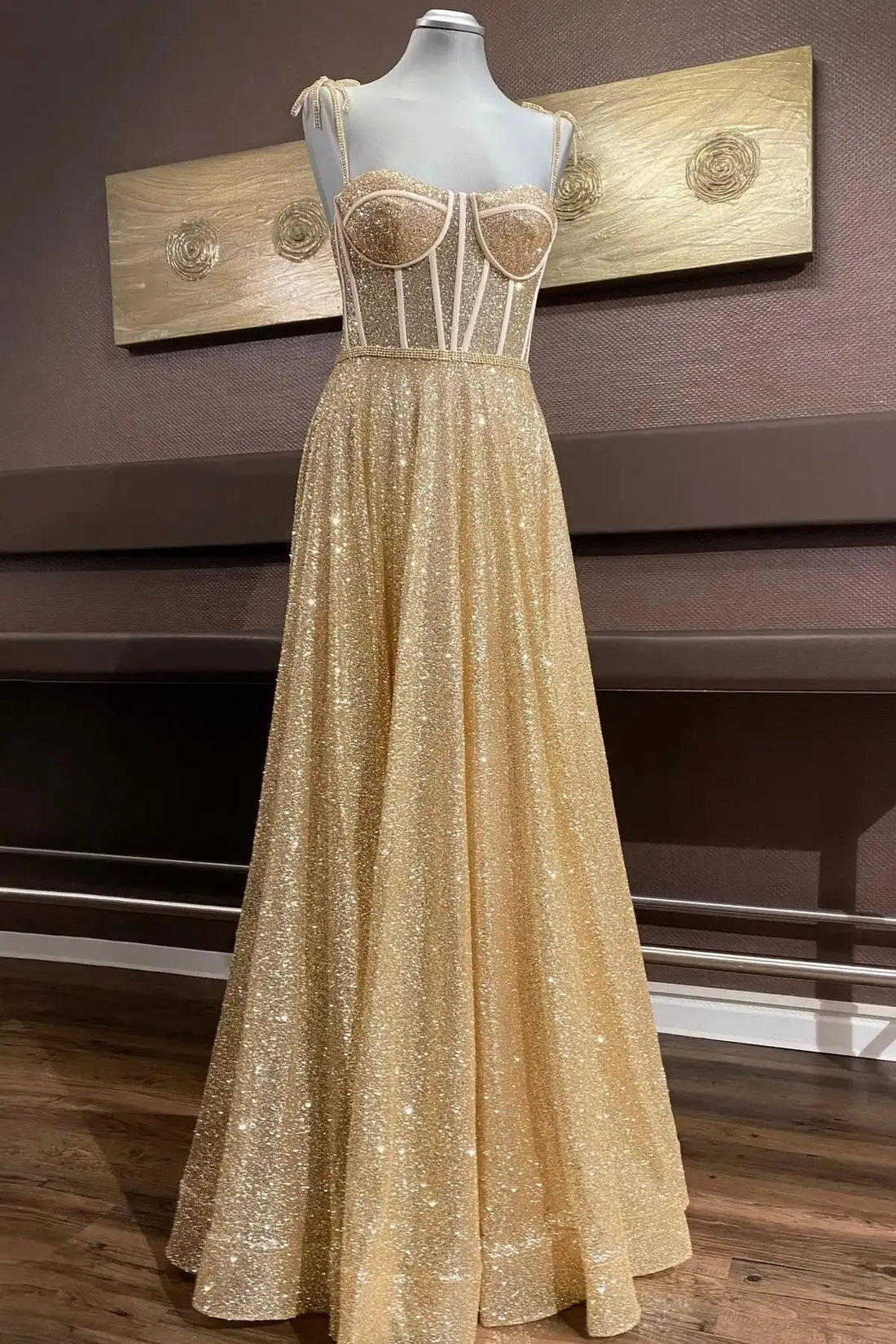 Glittery Prom Dresses Sequined Sparkly Rhinestone Illusion Gold Spaghetti Strap A Line Long Floor Length Evening Gowns Custom Gold