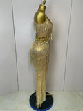 Shiny Gold Rhinestones Sequined Fringe Wide-leg jumpsuit Women Sexy Night Party Club Outfit Singer Stage Perform Costume