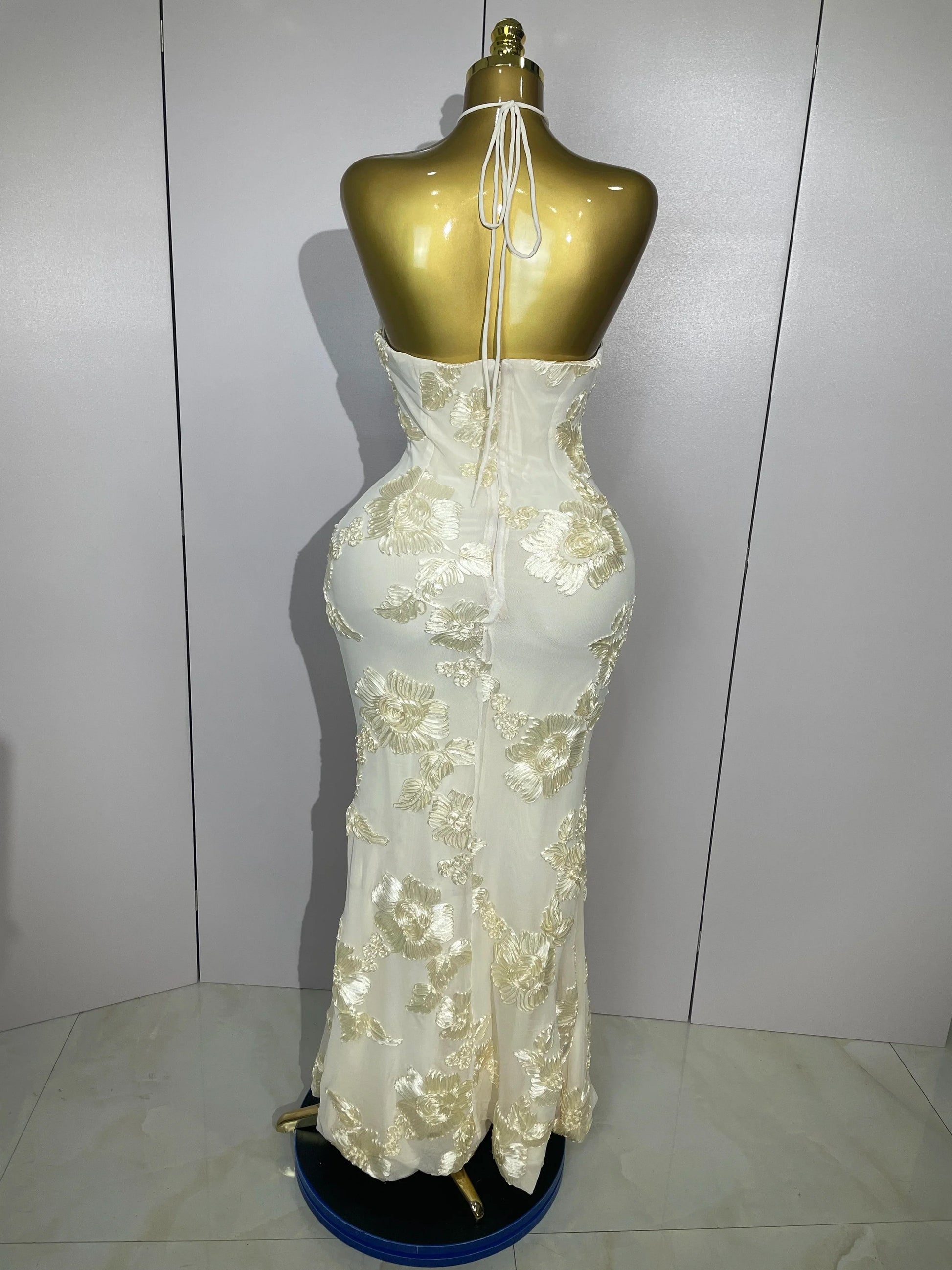 Sexy Halter High Waist Slim Embroidery Floral Long Dress Women Celebrate Evening Party Prom Fashion Cocktail Outfit