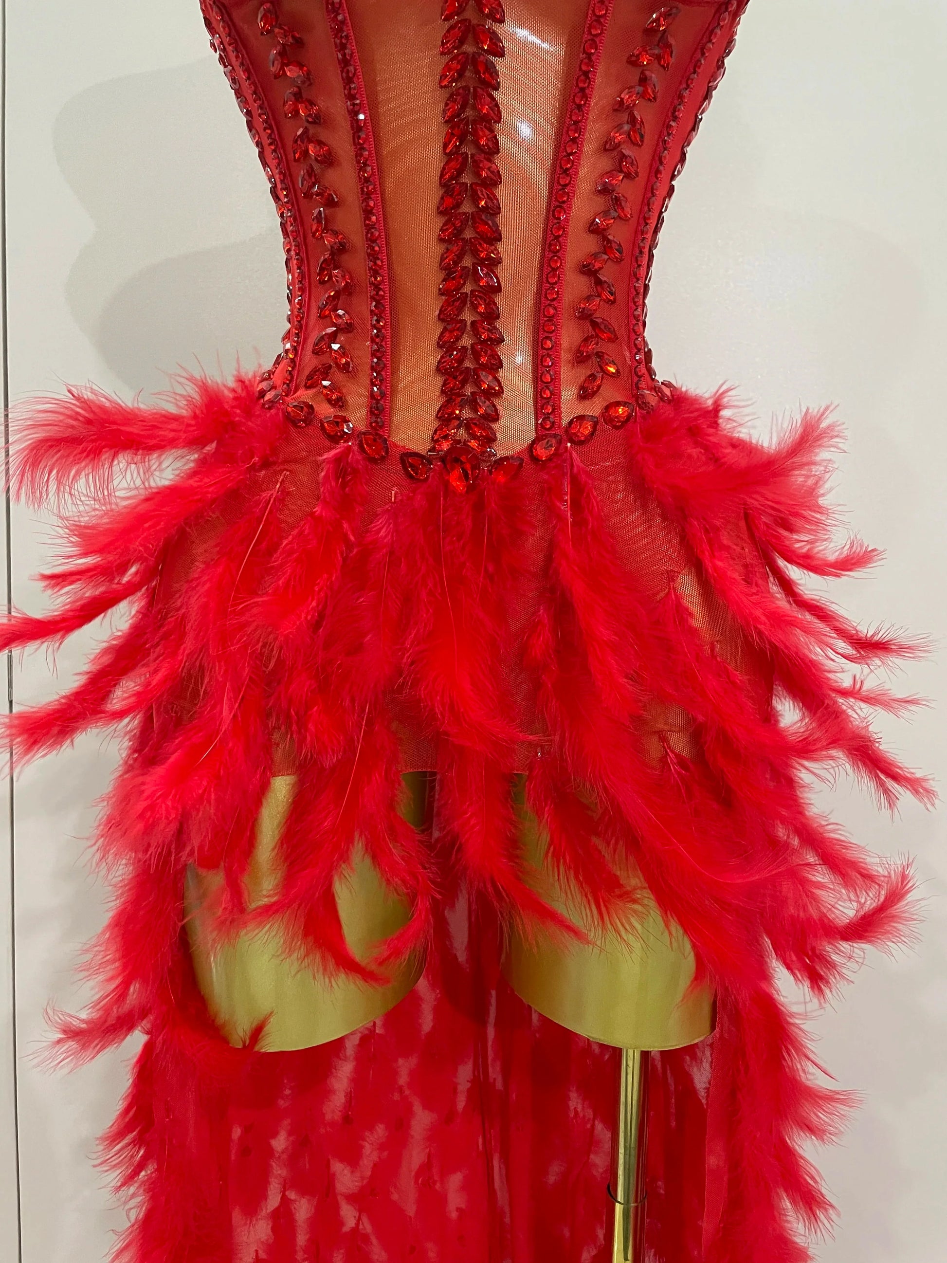 Luxury Sparkly Rhinestones Feathers Long Tail Dress Sexy Mesh Transparent Stage Bodysuit Evening Party Celebrate Birthday Dress