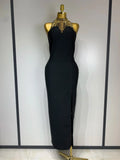 Women Fashion Celebrity Sexy Backless Beading Midi Black Bodycon Bandage Dress Elegant Evening Club Luxury Birthday Dresses