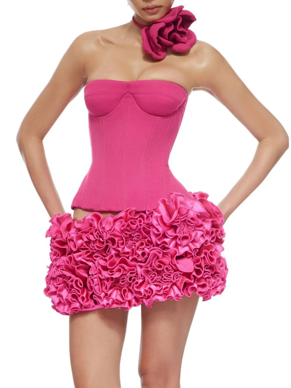Sexy Women'S Floral Mini Skirt Set Strapless Sleeveless Fishbone Backless Drawstring Vest+Mini Skirt Two-Piece Set