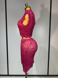 Sexy Sparkly Crystal Diamonds Mesh See Through Two Piece Set Women Elegant Evening Party Costume Singer Stage Performance Outfit
