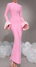 Elegant Women's Black Maxi Dress Stand up Neck Flare Sleeves Bodycon Bandage Long Dresses Cocktail Evening Party Vestidos Pink