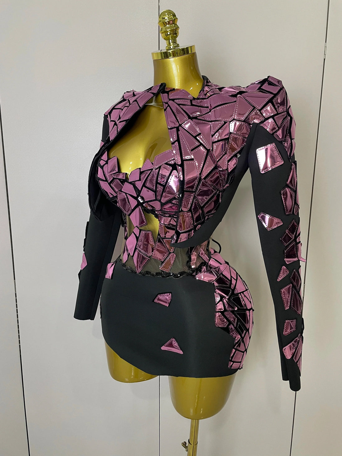 Women Sexy Pink Glitter Sequin Mirrors Short Skirt 3pcs Set Birthday Party Nightclub Queen Drag Stage Costume Pink