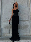 Women Sexy Strapless Ruffle Slim Maxi Dress for cummerbund Elegant Sleeveless Lady Evening Party Gowns Female Robes