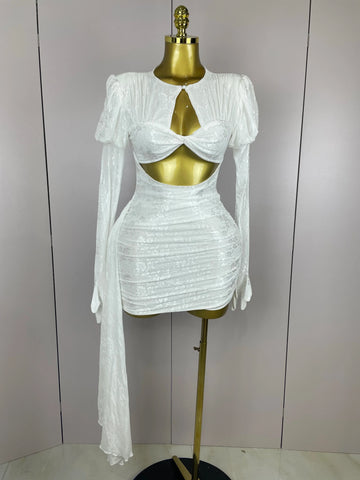 Women White Birthday Dress Fashion Long Sleeve O Neck Cut Out Bodycon Mini Trailing One Piece Celebrity Evening Club Dresses WHITE