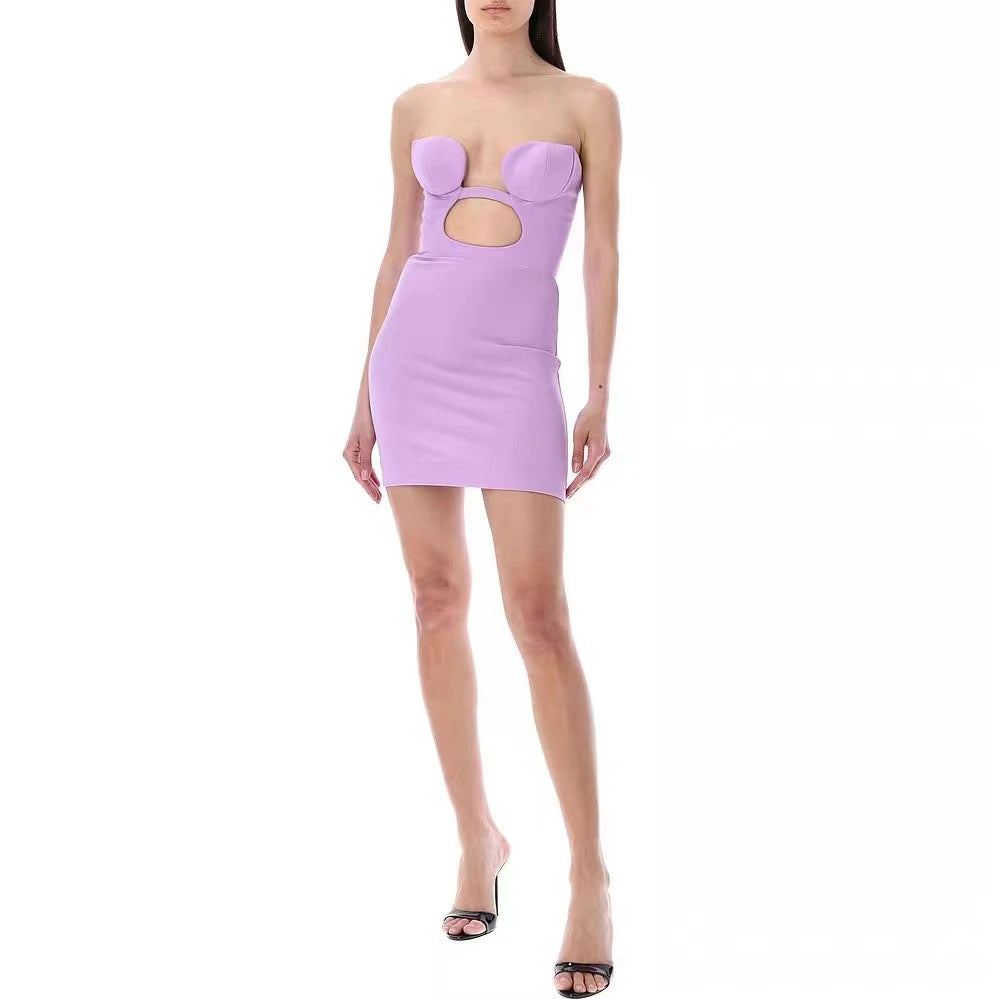 Sexy Strapless Mini Dress Women Chic Classy Hollow Out Ring Sleeveless Bodycon Bandage Dress Summer Trendy Light Purple