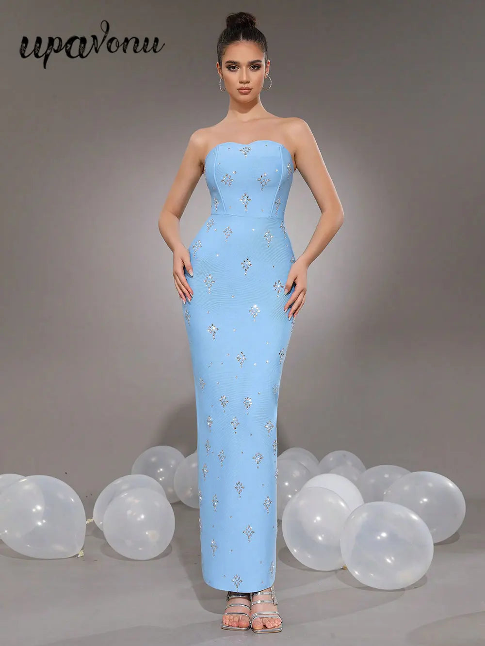 Sexy Women'S Light Luxury Rhinestone Bandage Dress Strapless Sleeveless Bodycon Backless Long Dress Christmas Party Vestido