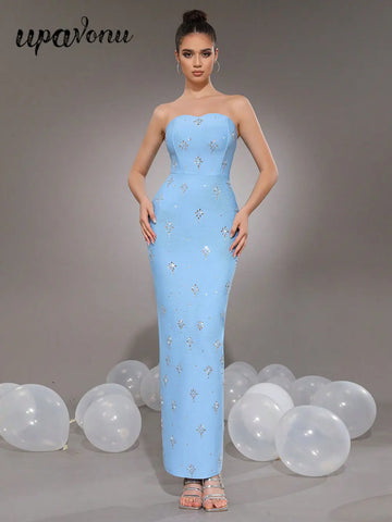 Sexy Women'S Light Luxury Rhinestone Bandage Dress Strapless Sleeveless Bodycon Backless Long Dress Christmas Party Vestido