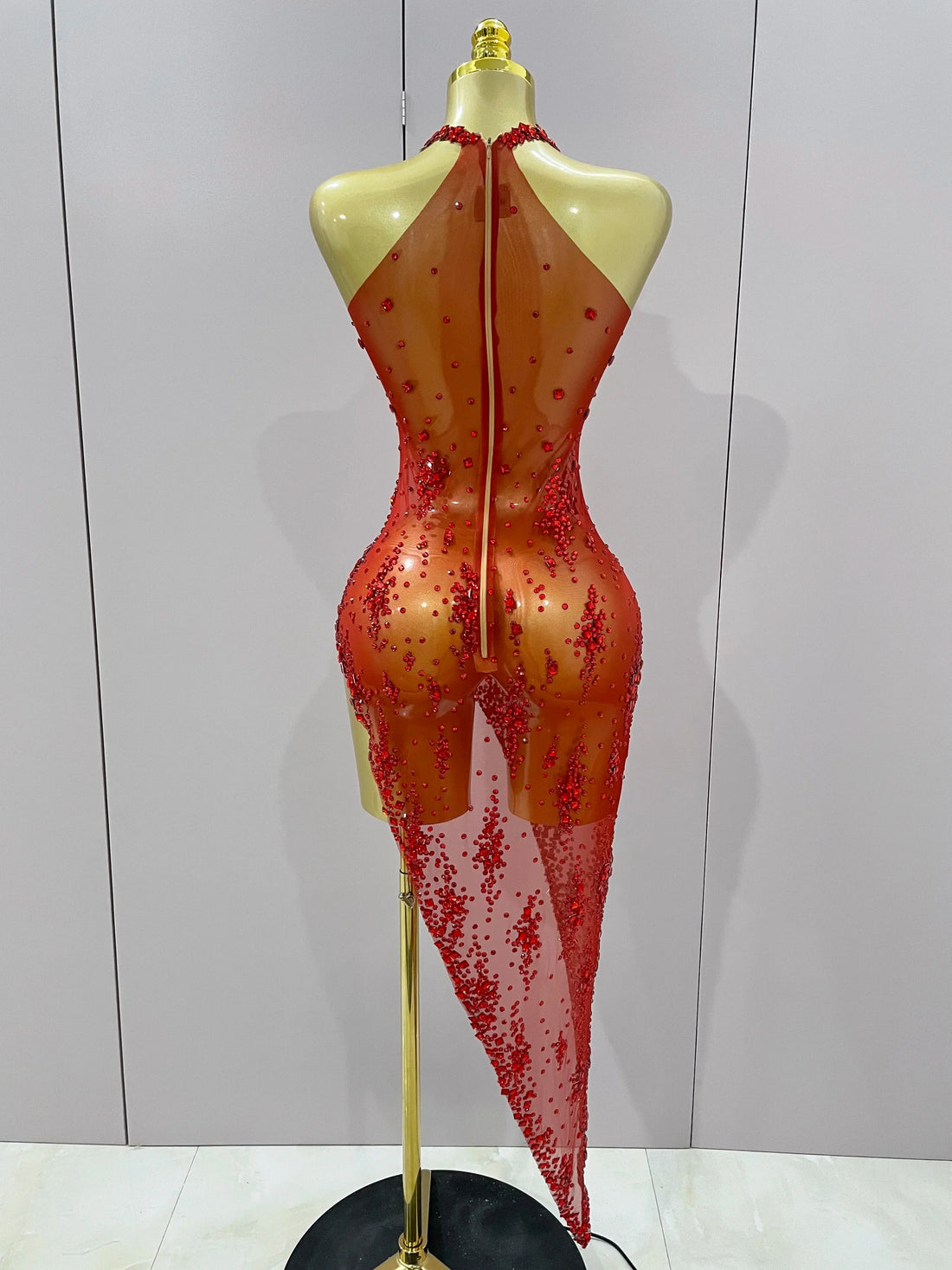 Sparkly Rhinestone V Neck Stretch Mesh Sexy See Through Dress Women Elegant Party Celebrate Perform Costume Stage Outfi Red