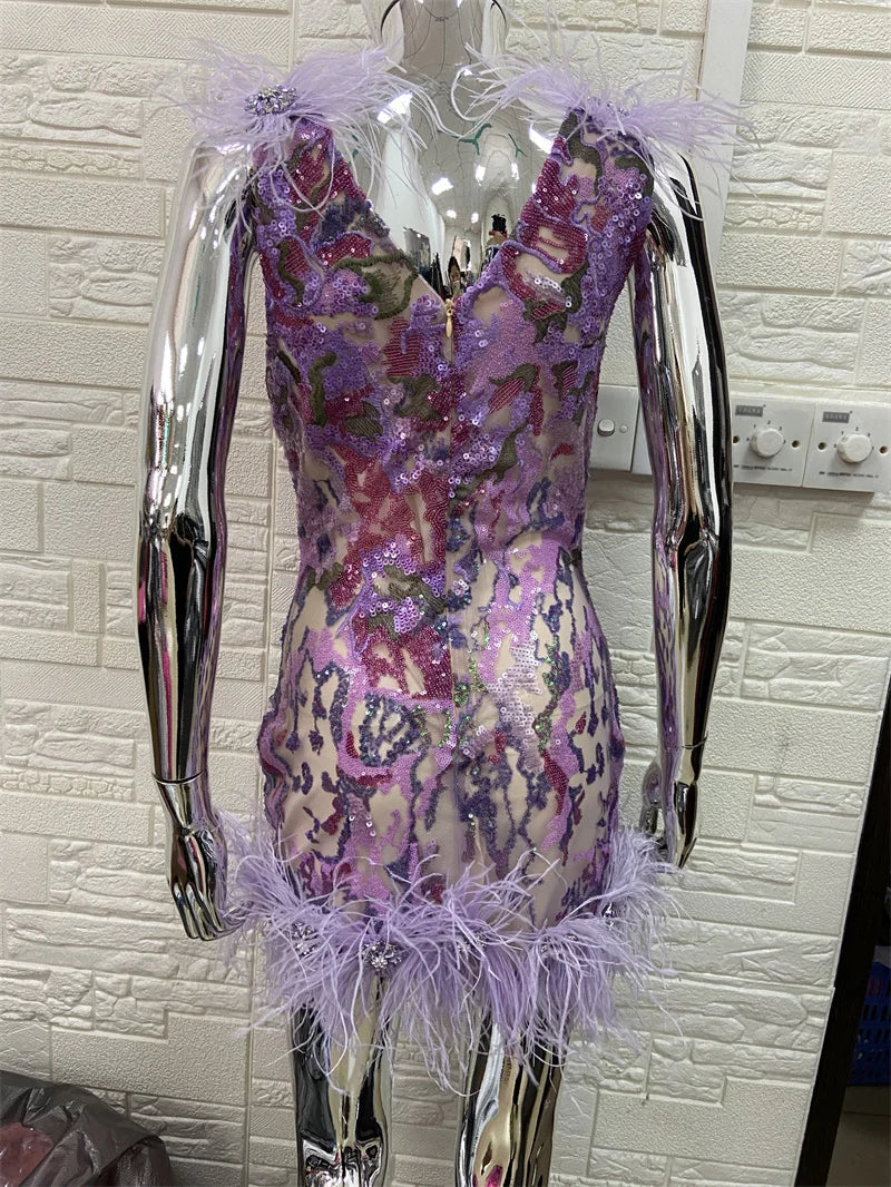 Gorgeous Feathers Shining Diamonds Violet Sequins Sleeveless Mini Dress Graceful Woman Evening Party Outfit