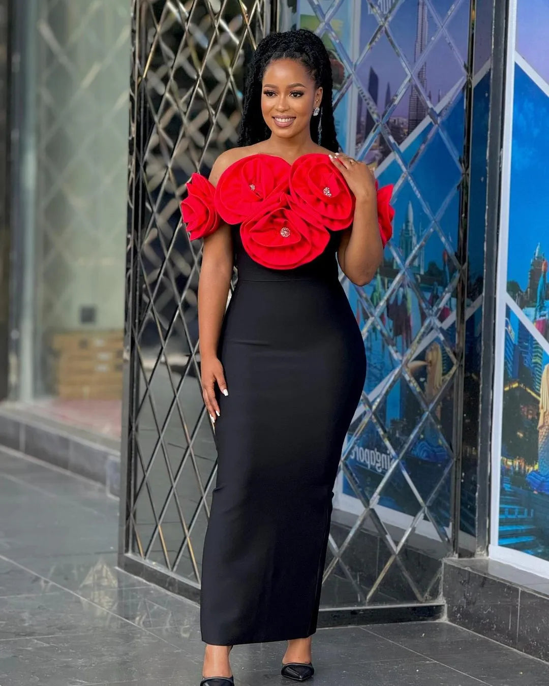 3 Colors Stereoscopic Flowers Sexy Off The Shoulder Ankle Lenght Bandage Dress Woman Birthday Party Vestido Wedding Party Outfit Rose Red