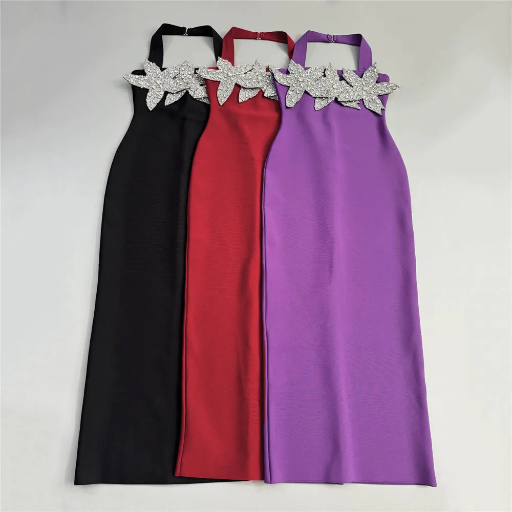 Black Red Women Sexy Halter Off the Shoulder Shinning Diamond Bodycon Long Bandage Dress Evening Party Celebrate Fashion Outfit Red