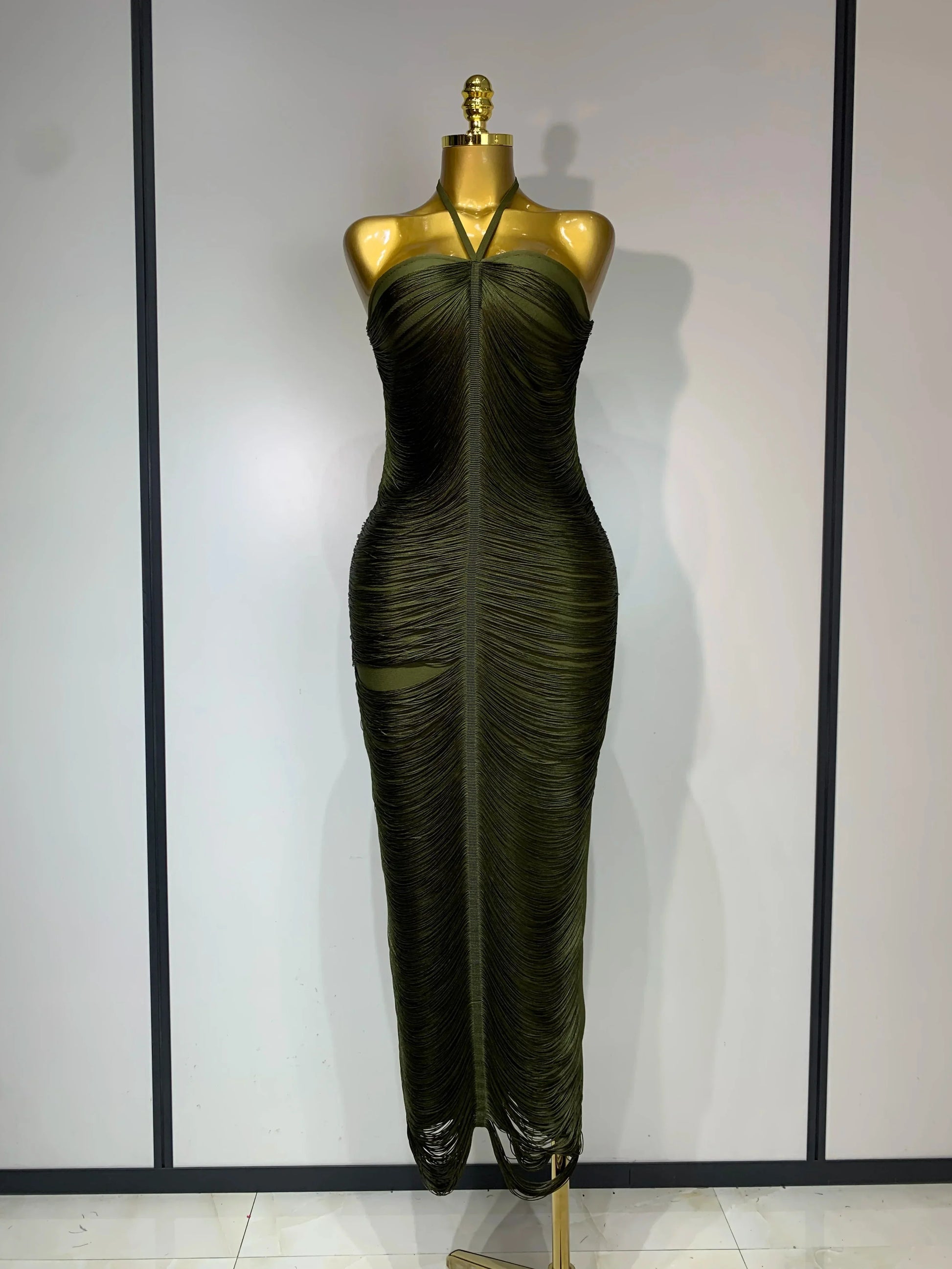 Women's Fashion Tassel Split Hanging Neck Bodycon Dress Elegant Celebrity Evening Party Luxuru Birthday Wedding Guest Dress army green