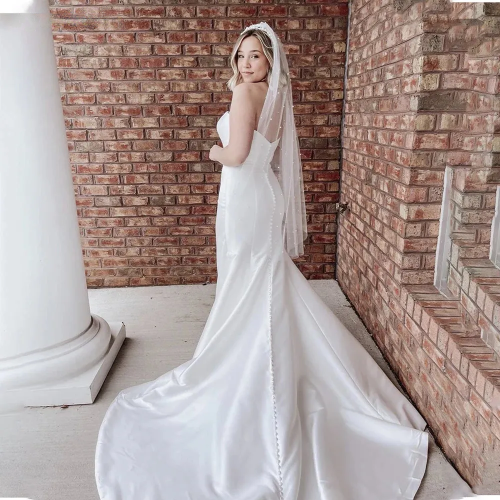 Gaun Pengantin Satin Satin Sederhana yang Elegan Telang Tanpa Tanpa Lengan Buka dengan Gaun Pengantin Tombol Custom Made Vestidos de Novia