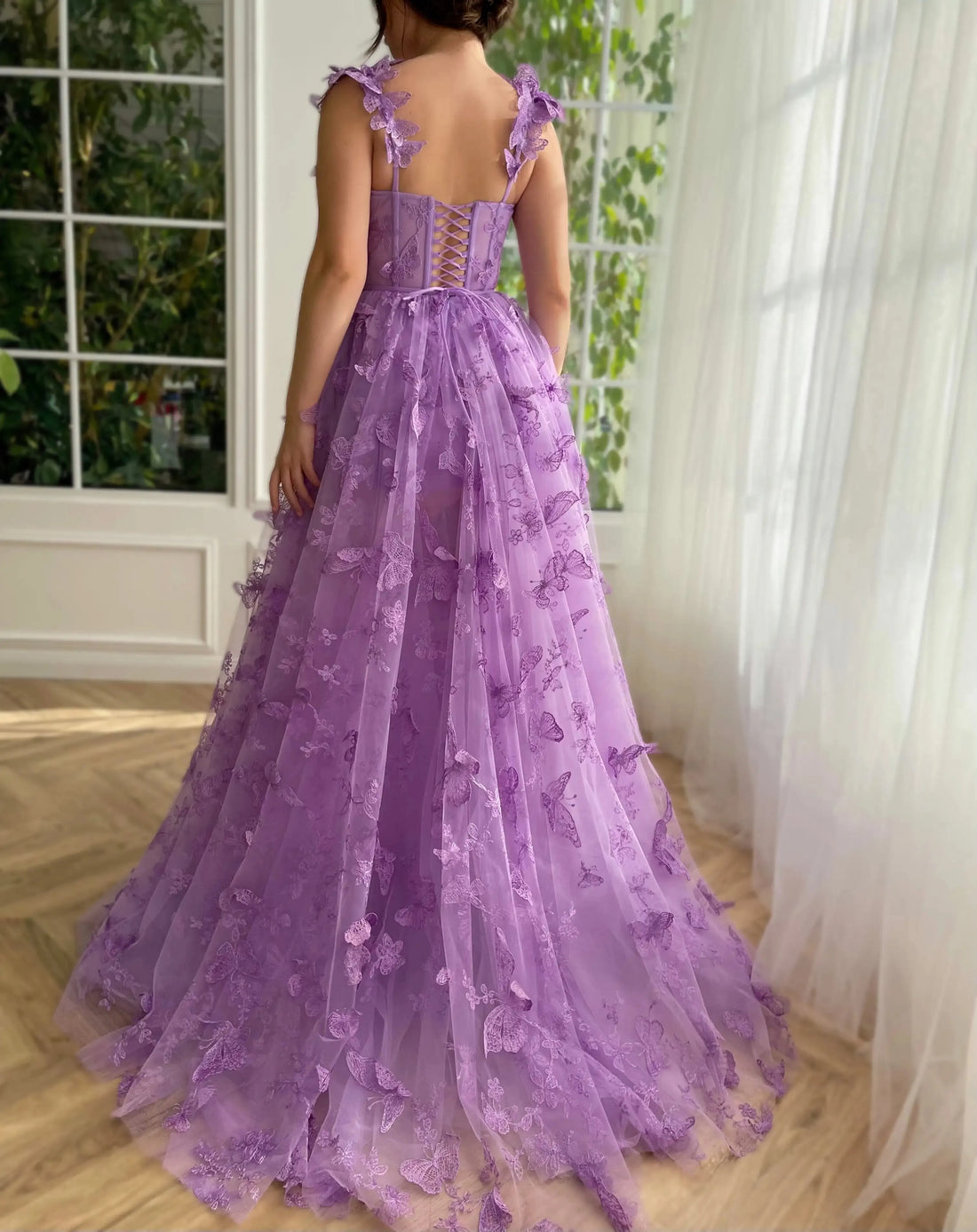 Lilac Lace Prom Dresses Butterfly Spaghetti Straps Sweetheart A Line with Pocket Belt Hi-lo Corset Zipper Back Evening Gown lilac