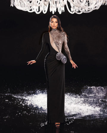 Women Fashion Long Sleeve Keyholes Florals Bodycon Long Maxi Dress Cotton Celebrate Evening Party Red Carpet Outfit black