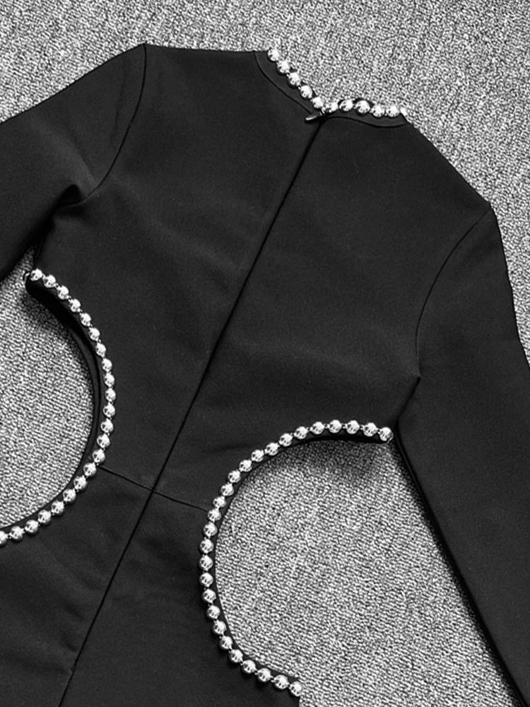 Winter Black Dress Women Sexy Hollow Out High Slit Fashion Party Wear Bandage Dress With Long Sleeve