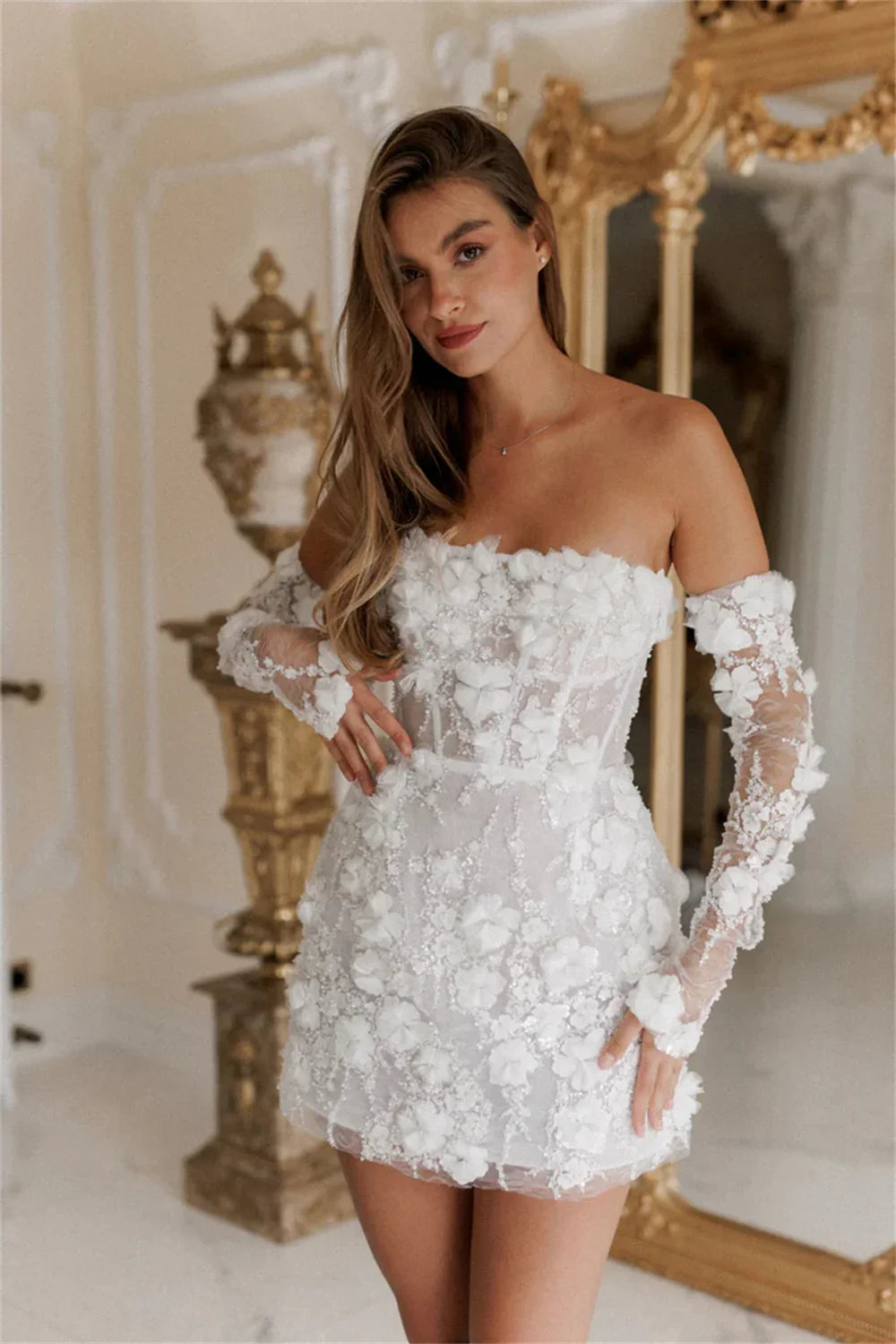 Intricate Sparkle Strapless A-line Celebrity Dress Applique Paillette / Sequins Mini Organza Cocktail  فساتين كوكتيل wedding dress