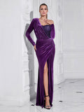 Sexy Women Light Luxury Sparkle Velvet Dress with Diagonal Collar Long Sleeve Draped Bodycon Split Body Long Dress Vestidos