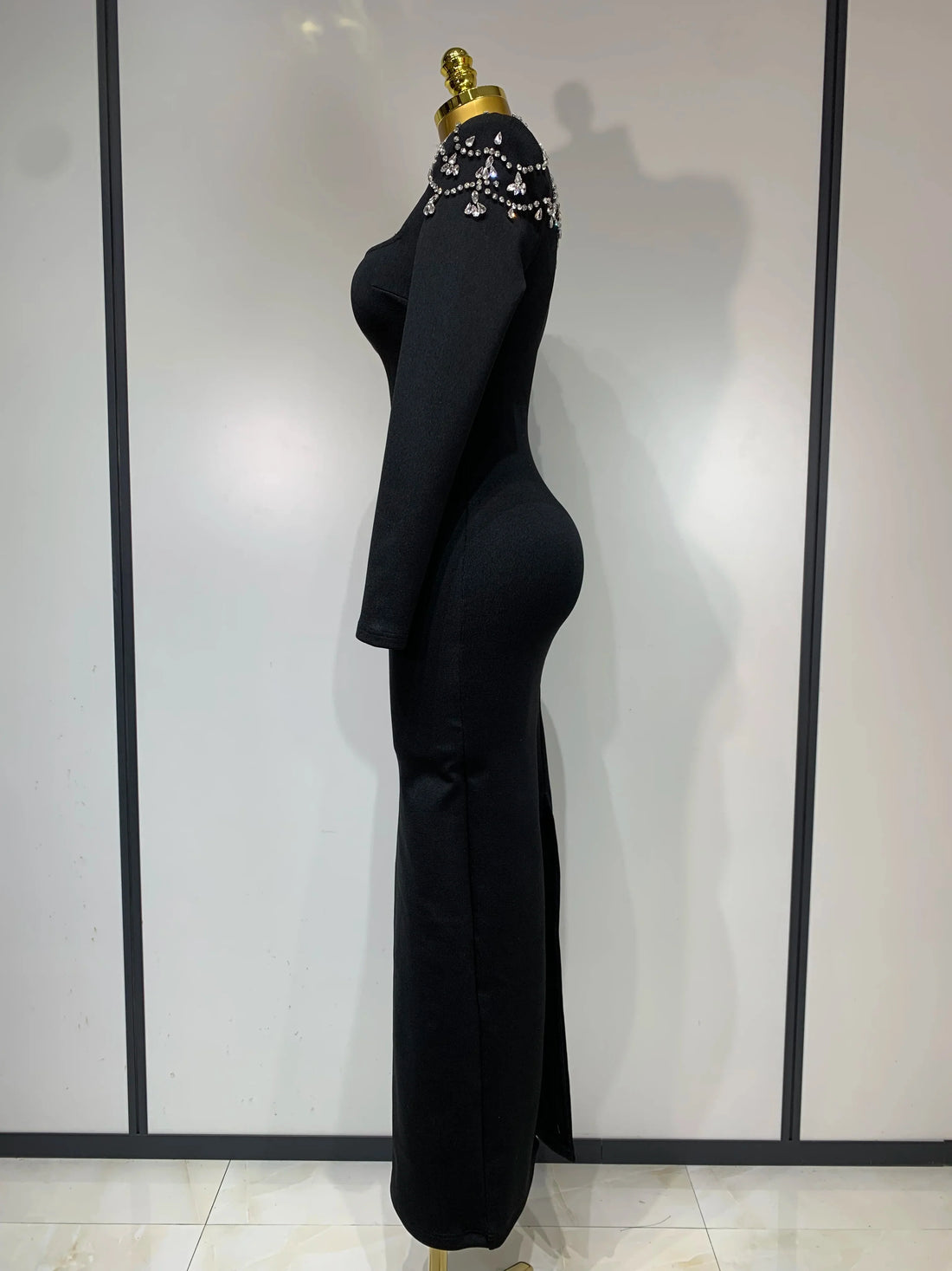 Luxury Birthday Dresses Diamond Tight Long Sleeve Square Neck Long Bandage Dress Women Wedding Evening Formal Gowns black