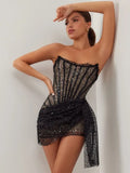 Summer Shining Diamonds Strapless Black Lace Mini Evening Dress Hot Sexy Woman Evening Dress Birthday Party Outfit