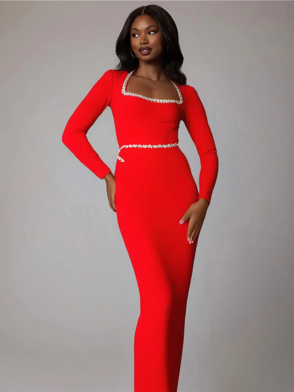 Elegant Women Dress Light Luxury Diamond Design Bandage Dress Square Neck Long Sleeve Bodycon Christmas Red Dress Vestidos