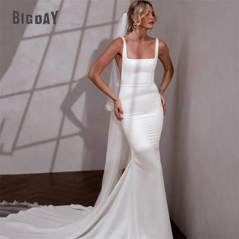 Elegant Mermaid Wedding Dresses Women Spaghetti Strap Open Back Square Collar Simple Bridal Gowns Sweep Train Vestidos De Noiva