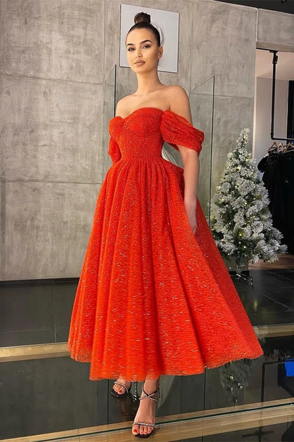 Tea Length Prom Dresses Glitters Sparkly Bling Off Shoulder Sweetheart A Line Formal Party Women Red Evening Gowns