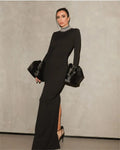 Shining Diamonds Neck Flare Sleeve Black Long Bandage Dress Elegant Woman Evening Party Dress Cocktail Party Outfit