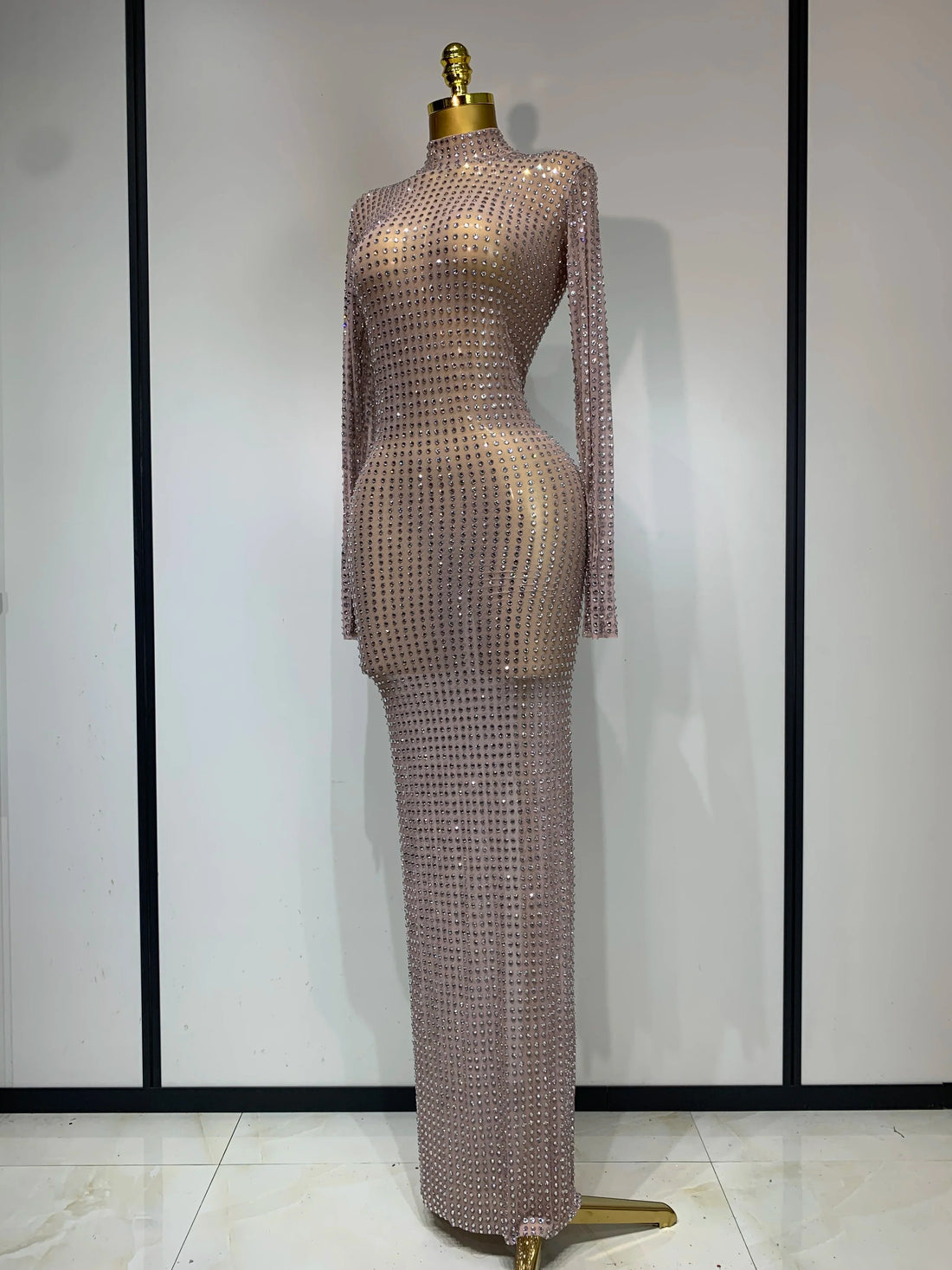 Sparkly Diamond Luxury Birthday Party Long Dress Elegant Celebrity Evening Party Nightclub Prom Dress Singer Dancer Stage Outfit High collar