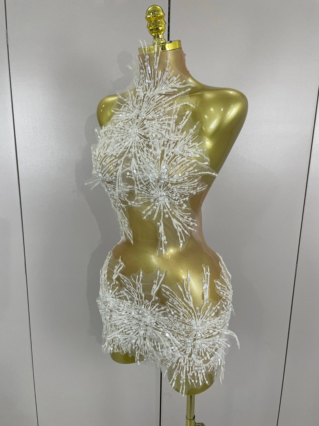 Women Sexy Mesh See Through Pearl Lace Party Mini Dress Celebrate Birthday Photo Shoot Wear Performance Stage Costume WHITE