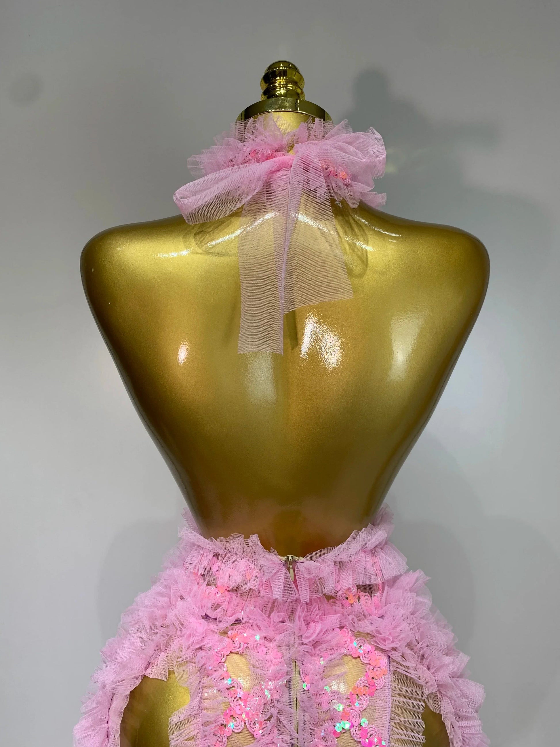 Mesh Sequins Sexy Backless Halter See Through Dress Birthday Evening Party Prom Nightclub Singer Stage Performance Costume