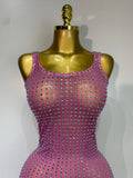 Women Sexy Mesh See Through Rhinestone Pink Long Maxi Dress Birthday Evening Party Costume Singer Stage Performance Costume