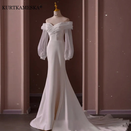 Luxury White Satin Off spalla a manica lunga sirena abiti da trailer per donne eleganti vestido da festa lunga