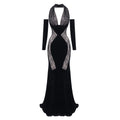 Black Mesh Patchwork Halter Long Dress For Women Long Sleeves Lace Embroidery Mermaid Bodycon Party Evening Gown black