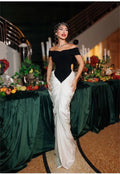 Sexy Off The Shoulder Package Hips Black Patchwork White Floor Length Dress Graceful Woman Party Dress Cocktail Party Outfit