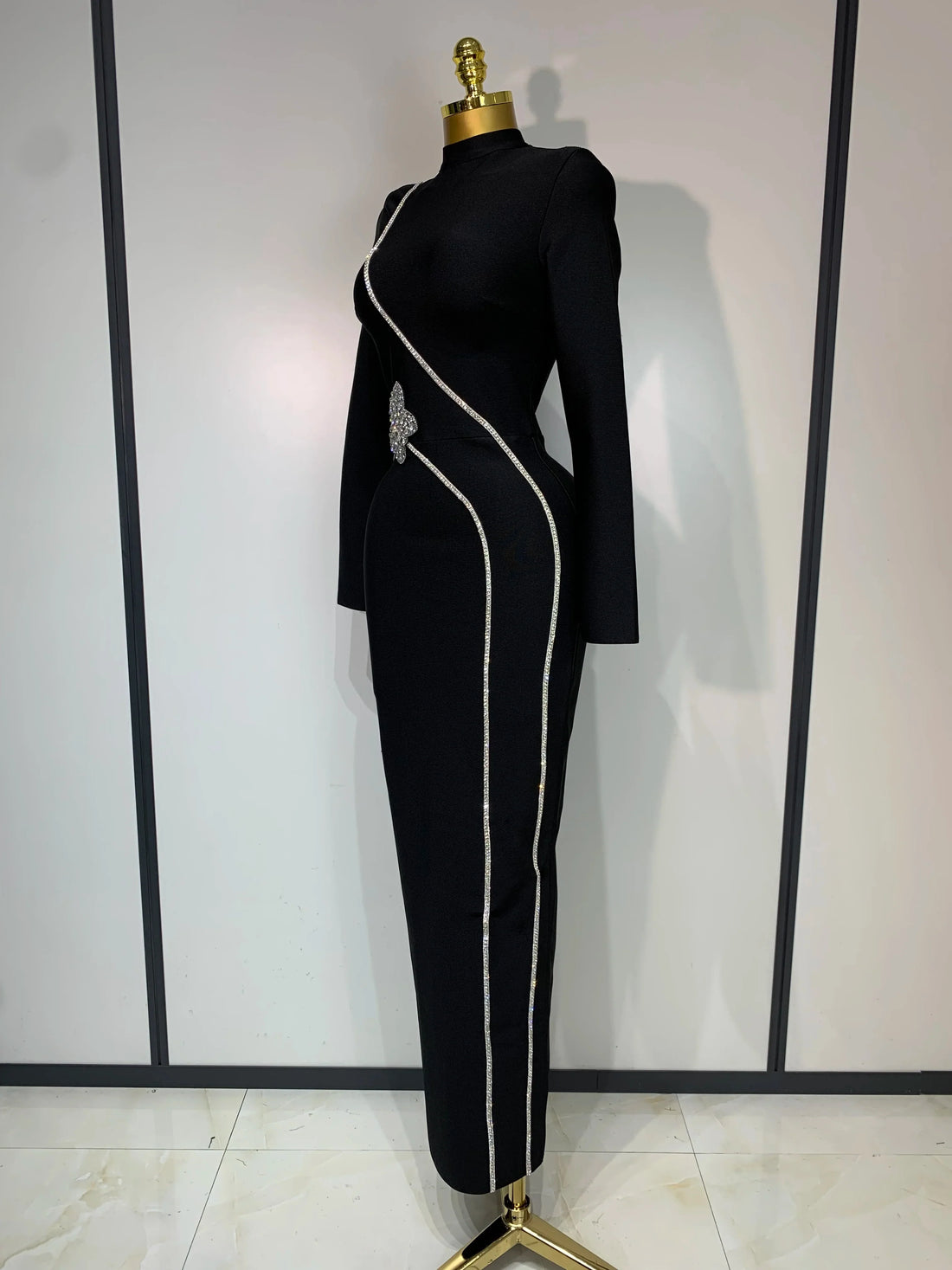 Newest Fashion Designer Party Dress Women's Formal Long Sleeve Diamonds Bodycon Bandage Dress Elegant Luxury Birthday Gown black