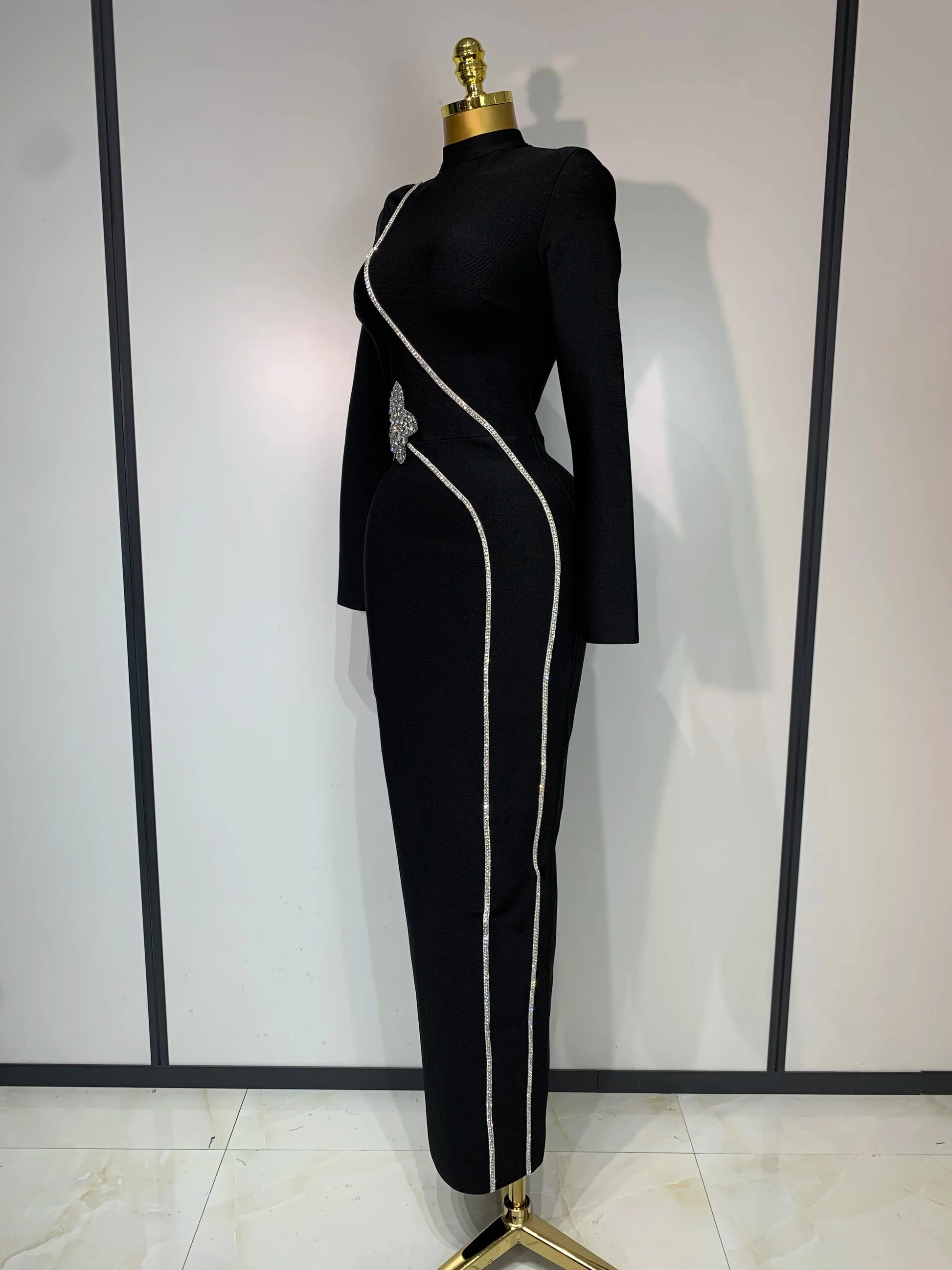 Newest Fashion Designer Party Dress Women's Formal Long Sleeve Diamonds Bodycon Bandage Dress Elegant Luxury Birthday Gown