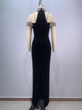 Sexy Women's Heavy Industry Diamond Adorned Velvet Dress with Hanging Neck Shoulder Bodycon Transparent Gaul Gloves+Dresses