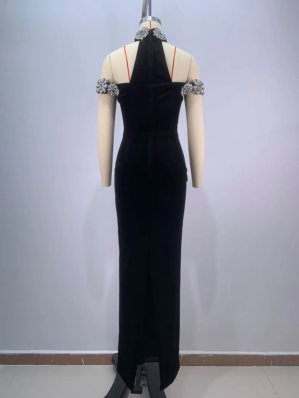 Sexy Women's Heavy Industry Diamond Adorned Velvet Dress with Hanging Neck Shoulder Bodycon Transparent Gaul Gloves+Dresses