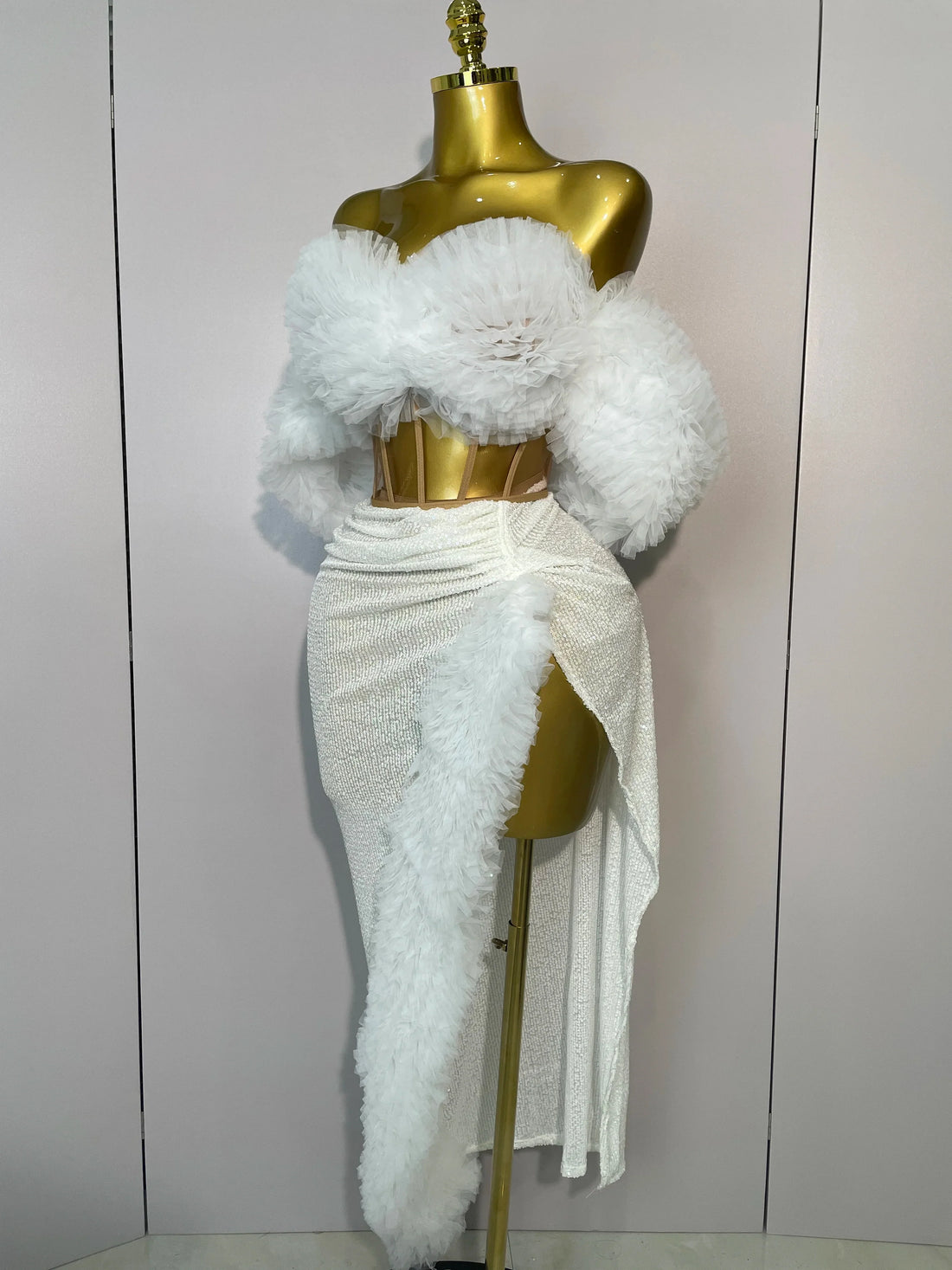 Women White Sequins Top Short Skirt Two Pieces Set Sexy Celebrate Evening Prom Birthday Dress Nightclub Stage Outfit WHITE