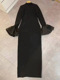 Elegant Women's Black Maxi Dress Stand up Neck Flare Sleeves Bodycon Bandage Long Dresses Cocktail Evening Party Vestidos