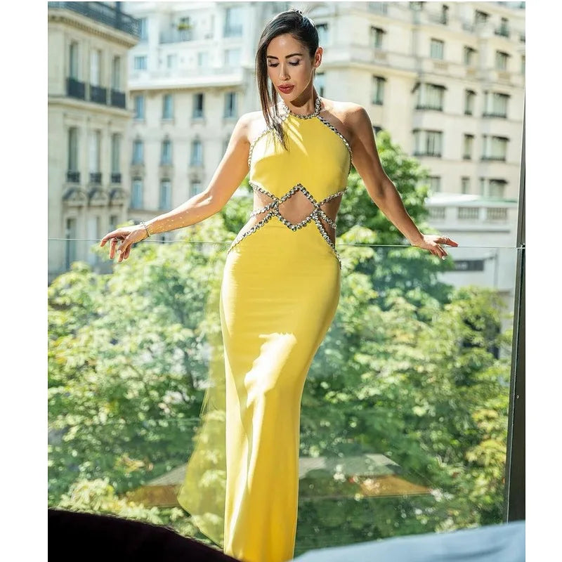 Lemon Yellow Sexy Hollow Out Sparkling Diamonds Ankle Length Bandage Dress Elegant Woman Evening Party Outfit